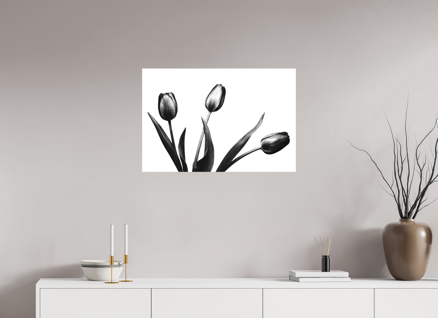 30 x 20″, -Textile Print on Stretcher Frame Trio of Tulips Black and White Fine Art Photograph