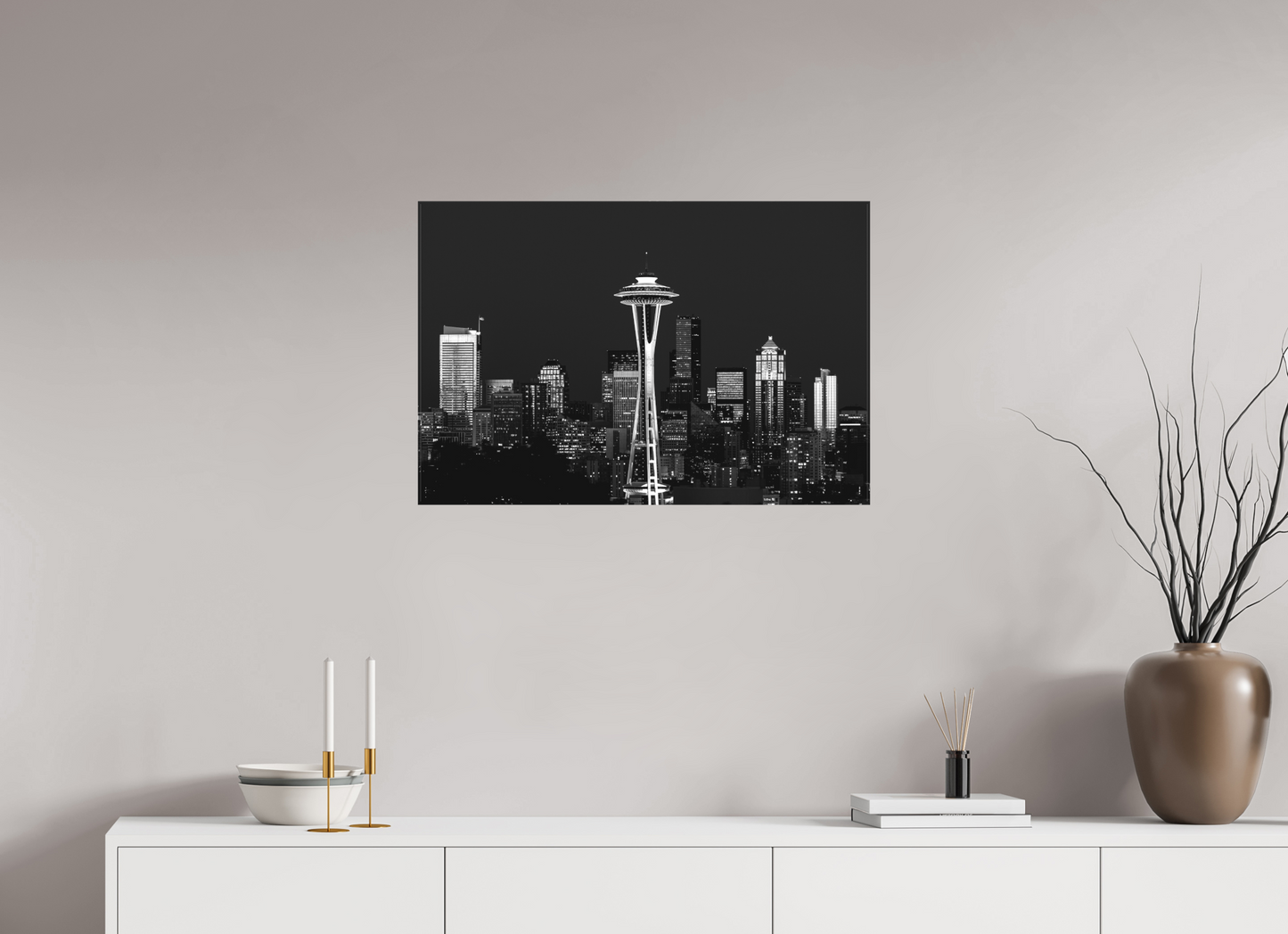 30 x 20″, -Matte Canvas on Stretcher Frame Midnight in Seattle – Black and White Fine Art Photograph of the Seattle Skyline at Night