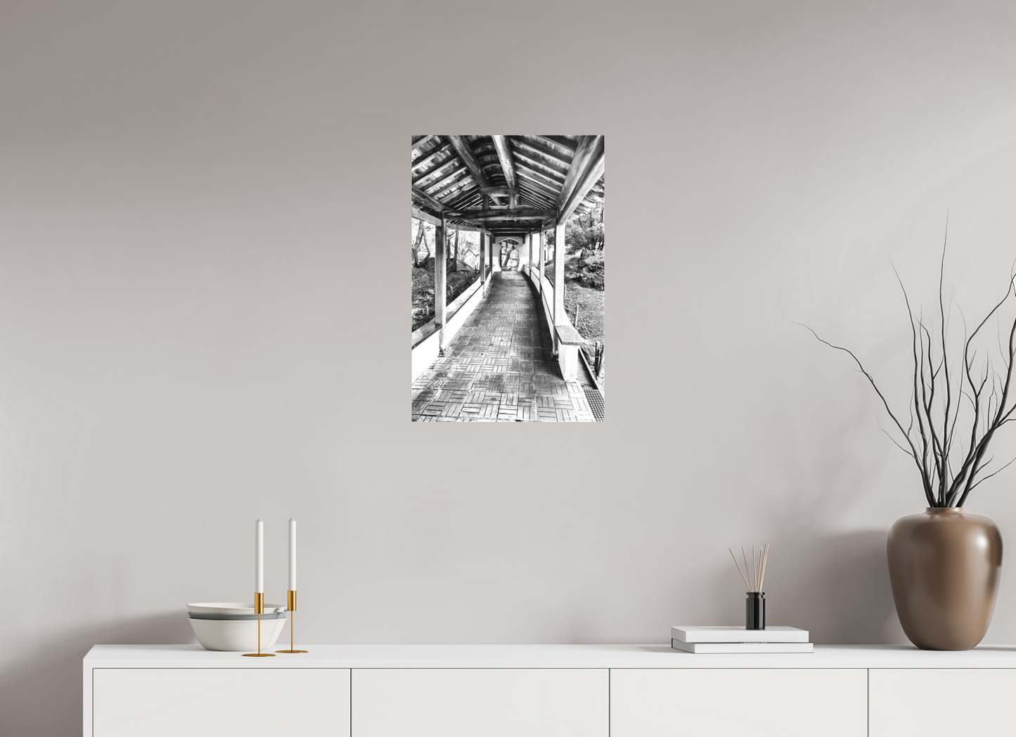 16 x 24″, -Textile Print on Stretcher Frame Walkway Zhishan Garden National Palace Museum Black and White Fine Art Photograph Taipei Taiwan