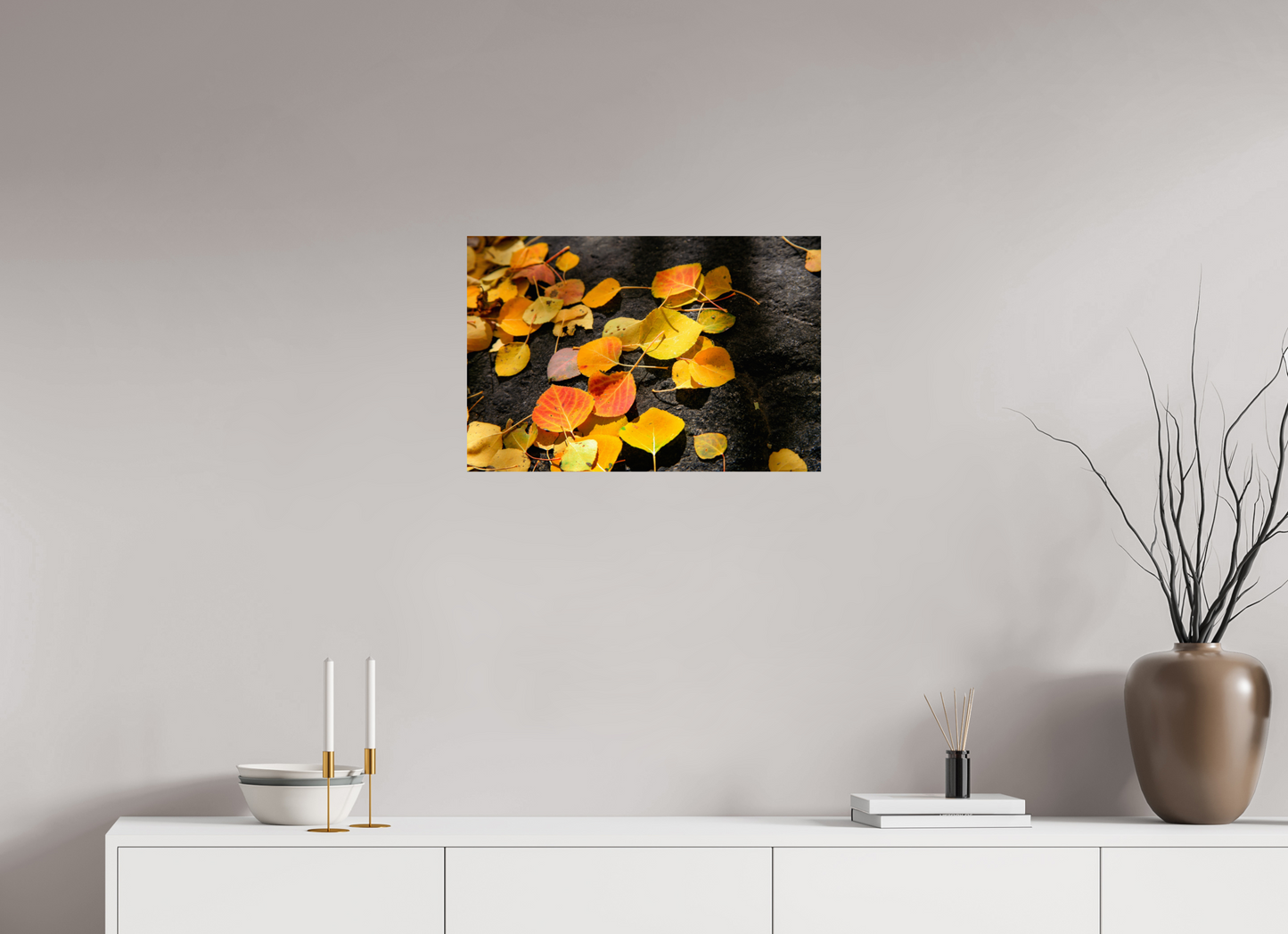 24 x 16″, -Metallic Photo Print on Fuji Crystal Pearl Autumn Aspen Leaves on Stone