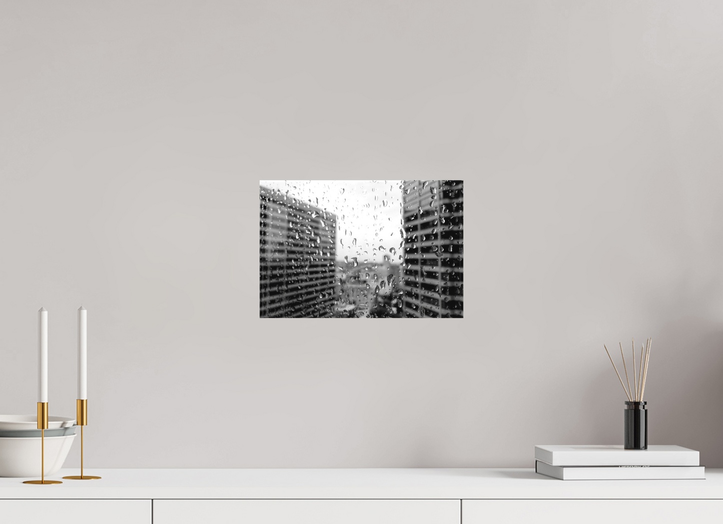 12 x 8″, -Textile Print on Stretcher Frame Rain on the 40th Floor – Seattle Black and White Fine Art Photography