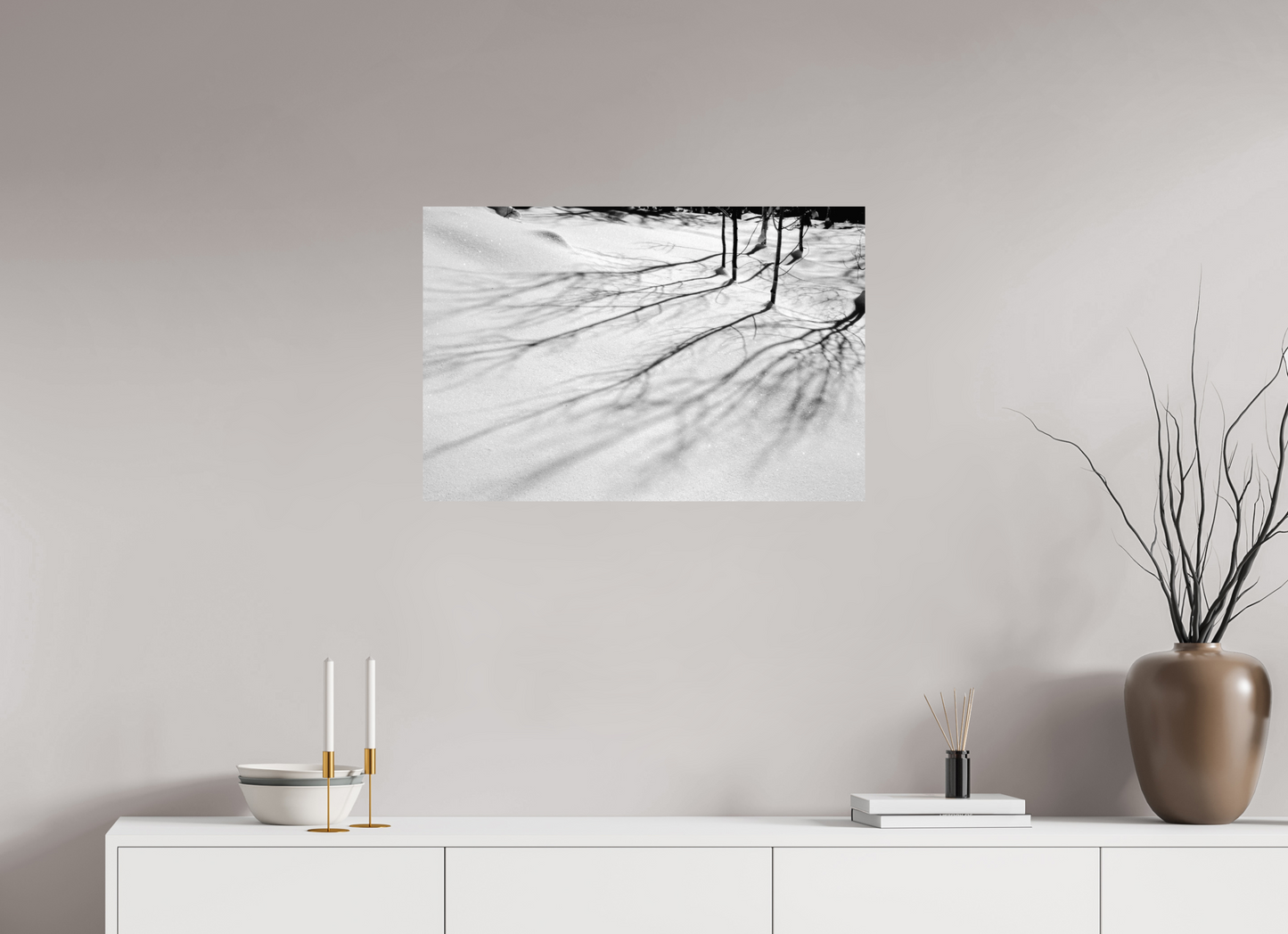 30 x 20″, -Photo Print on Ilford Baryta Paper Aspen Shadows | Shadow Play on the Snow: A Winter Study in Black and White