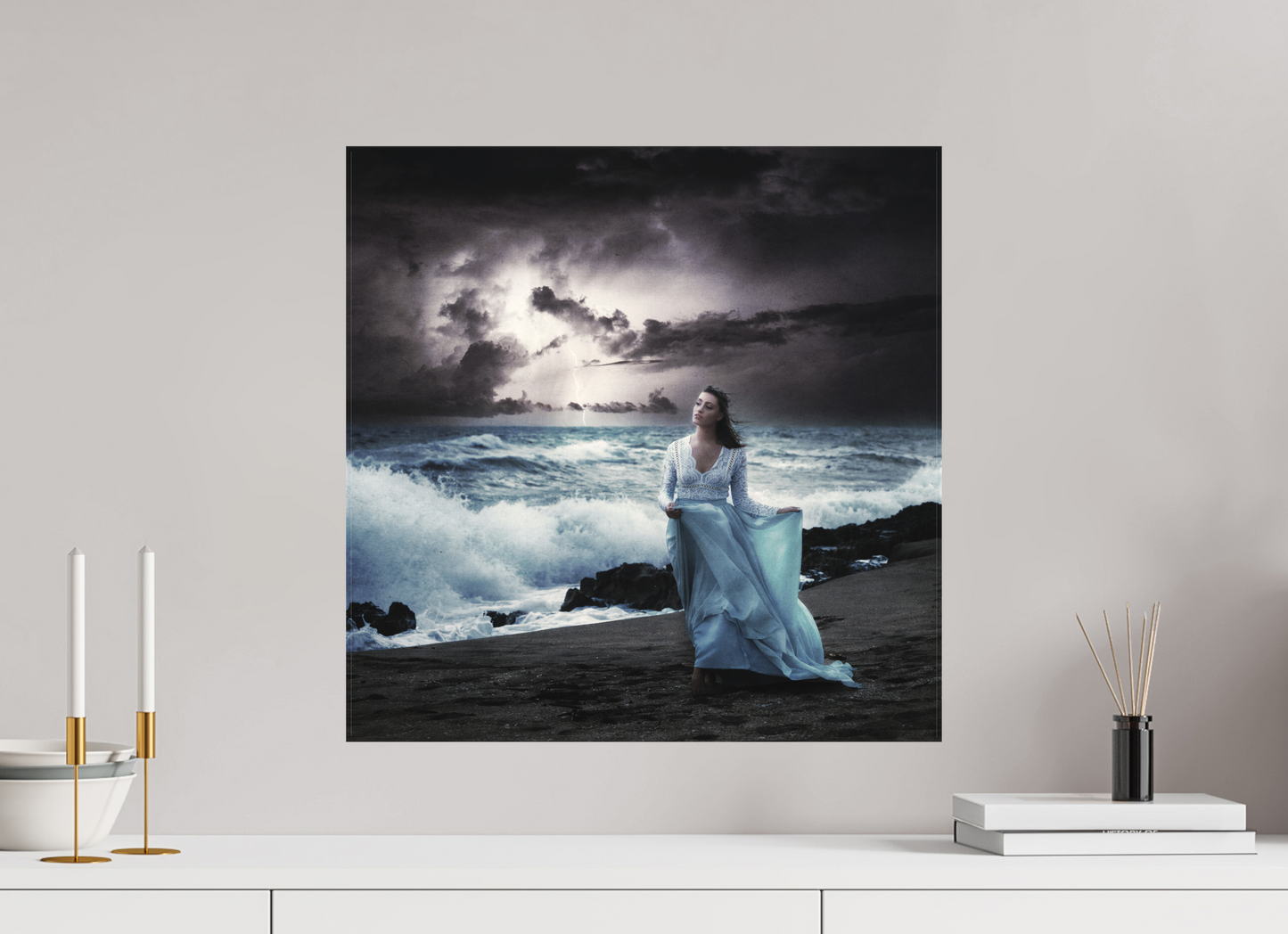 20 x 20″, -Matte Canvas on Stretcher Frame Nightfall – Woman by the Sea in a Surreal Stormscape
