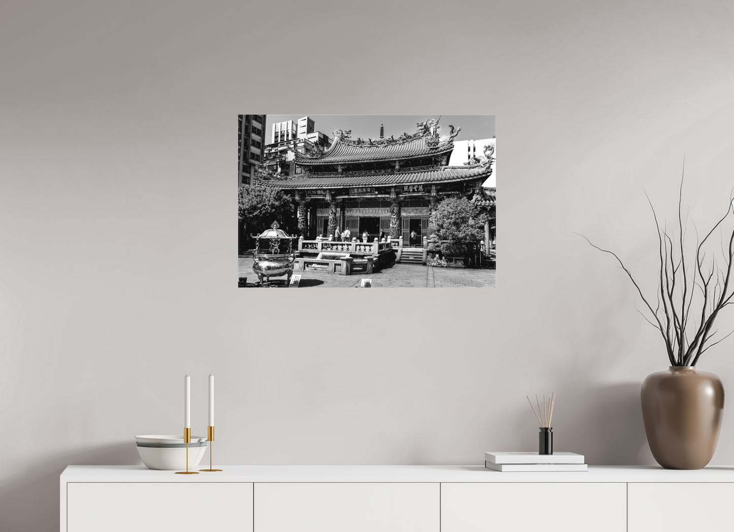30 x 20″, -Textile Print on Stretcher Frame Long Shan Temple Black and White Fine Art Photograph Taipei Taiwan