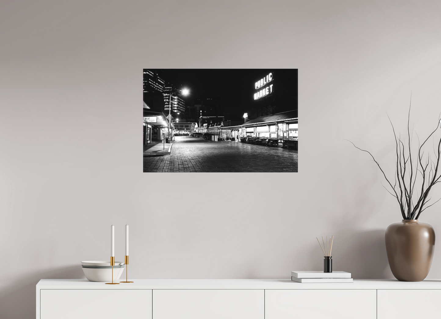30 x 20″, -Textile Print on Stretcher Frame Seattle Market by Night