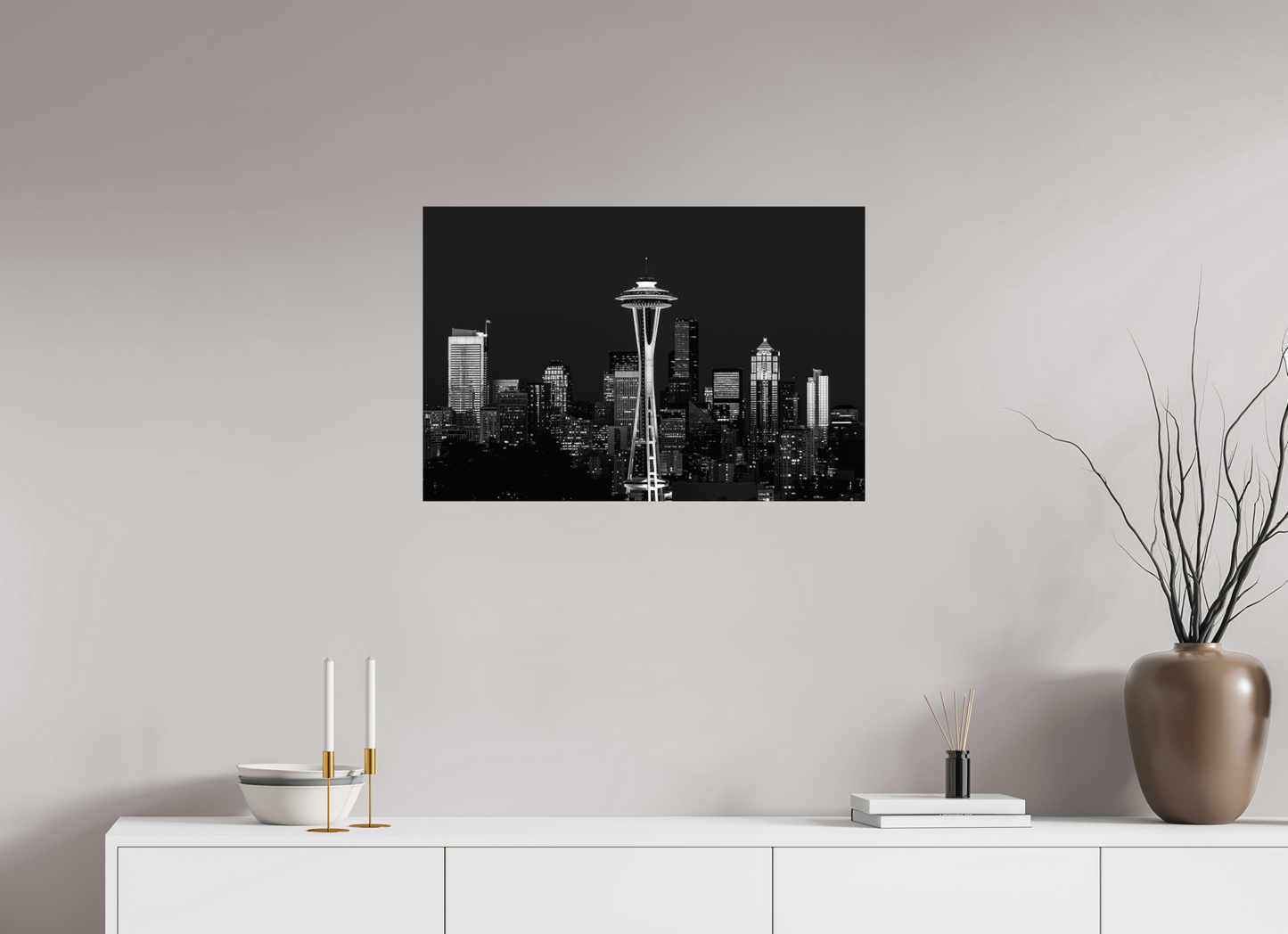 30 x 20″, -Photo Print on Ilford Baryta Paper Midnight in Seattle – Black and White Fine Art Photograph of the Seattle Skyline at Night
