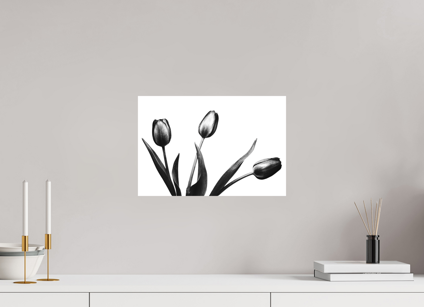 15 x 10″, -Textile Print on Stretcher Frame Trio of Tulips Black and White Fine Art Photograph
