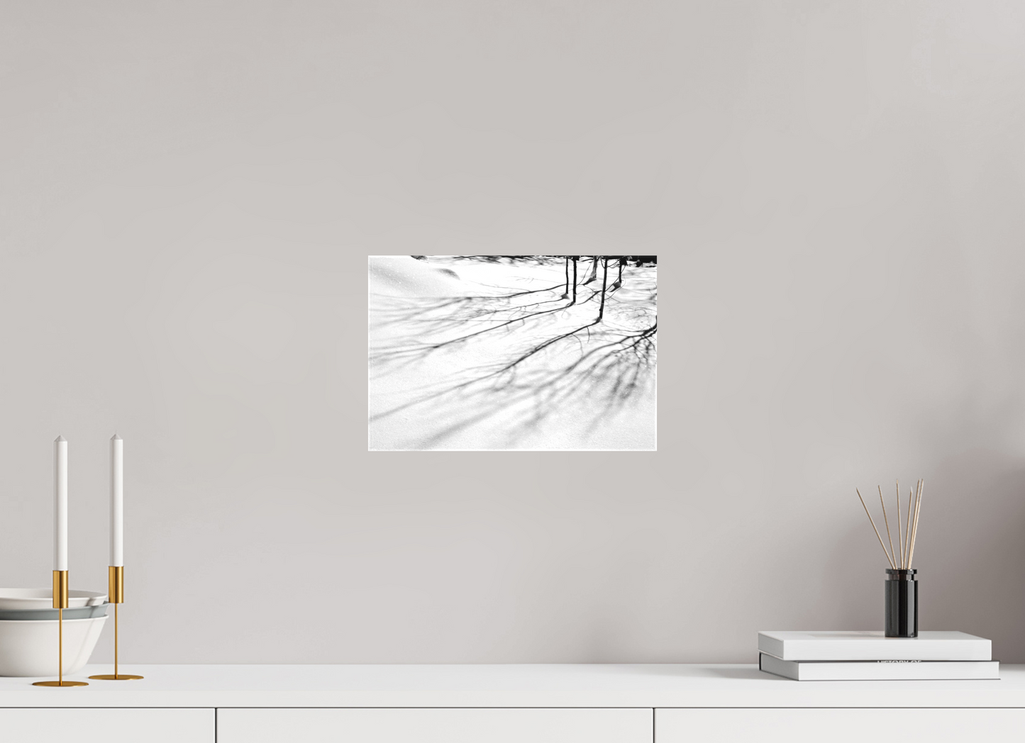 12 x 8″, -Textile Print on Stretcher Frame Aspen Shadows | Shadow Play on the Snow: A Winter Study in Black and White