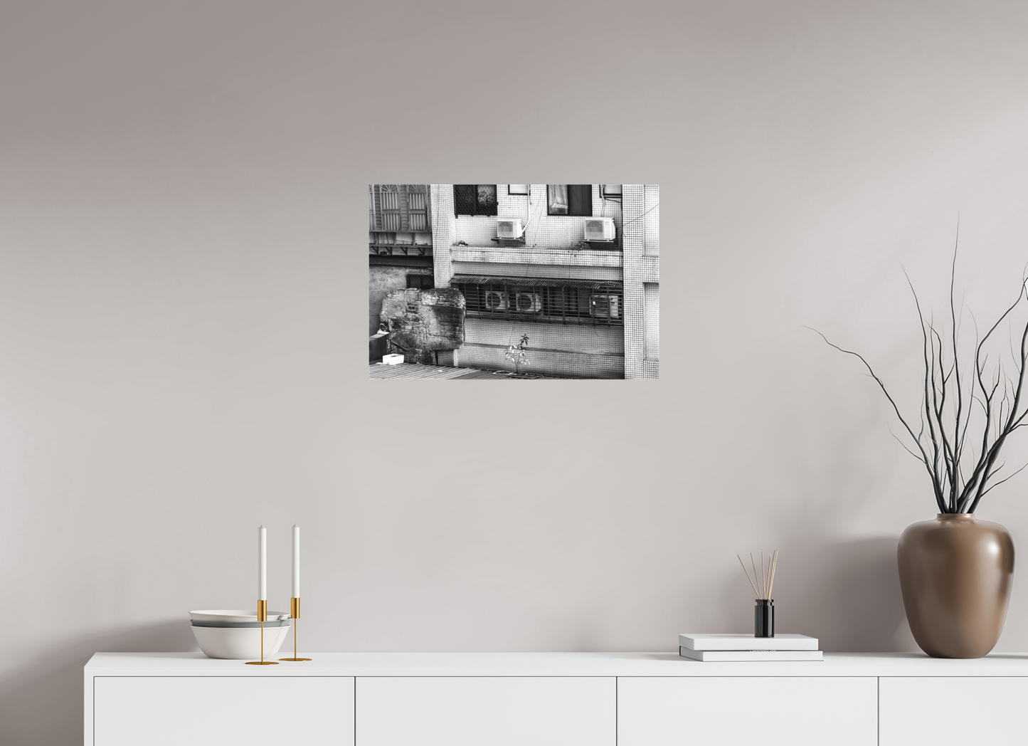 24 x 16″, -Textile Print on Stretcher Frame Rear Window Black and White Fine Art Photograph Taipei Taiwan