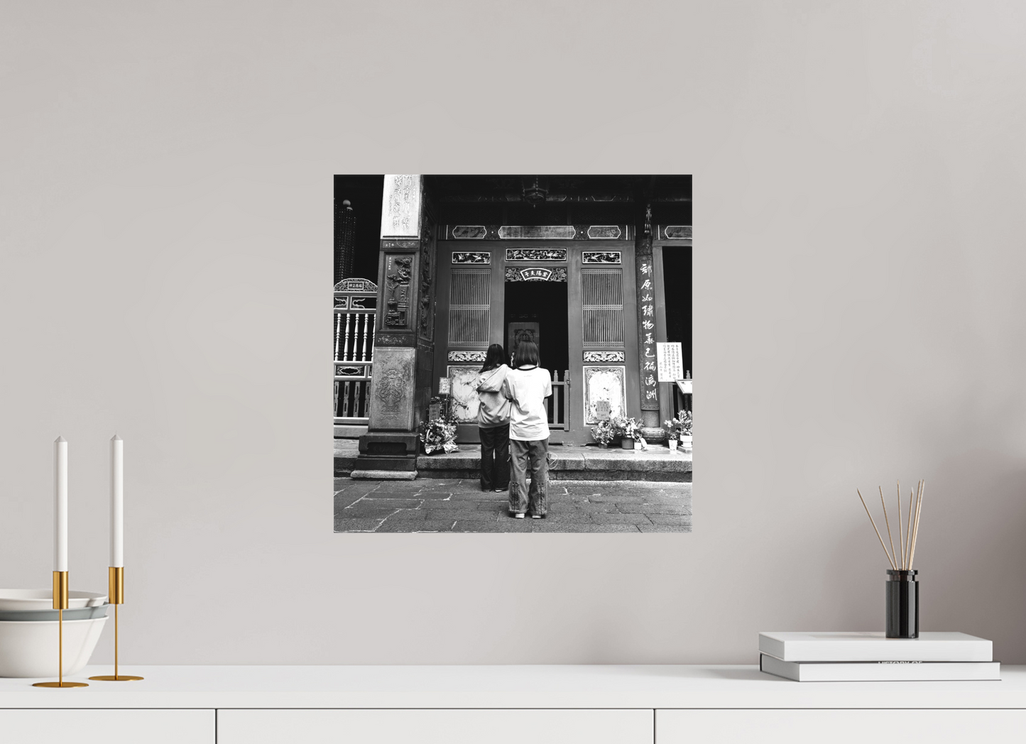 15 x 15″, -Matte Canvas on Stretcher Frame Long Shan Temple Interior Black and White Fine Art Photograph Taipei Taiwan