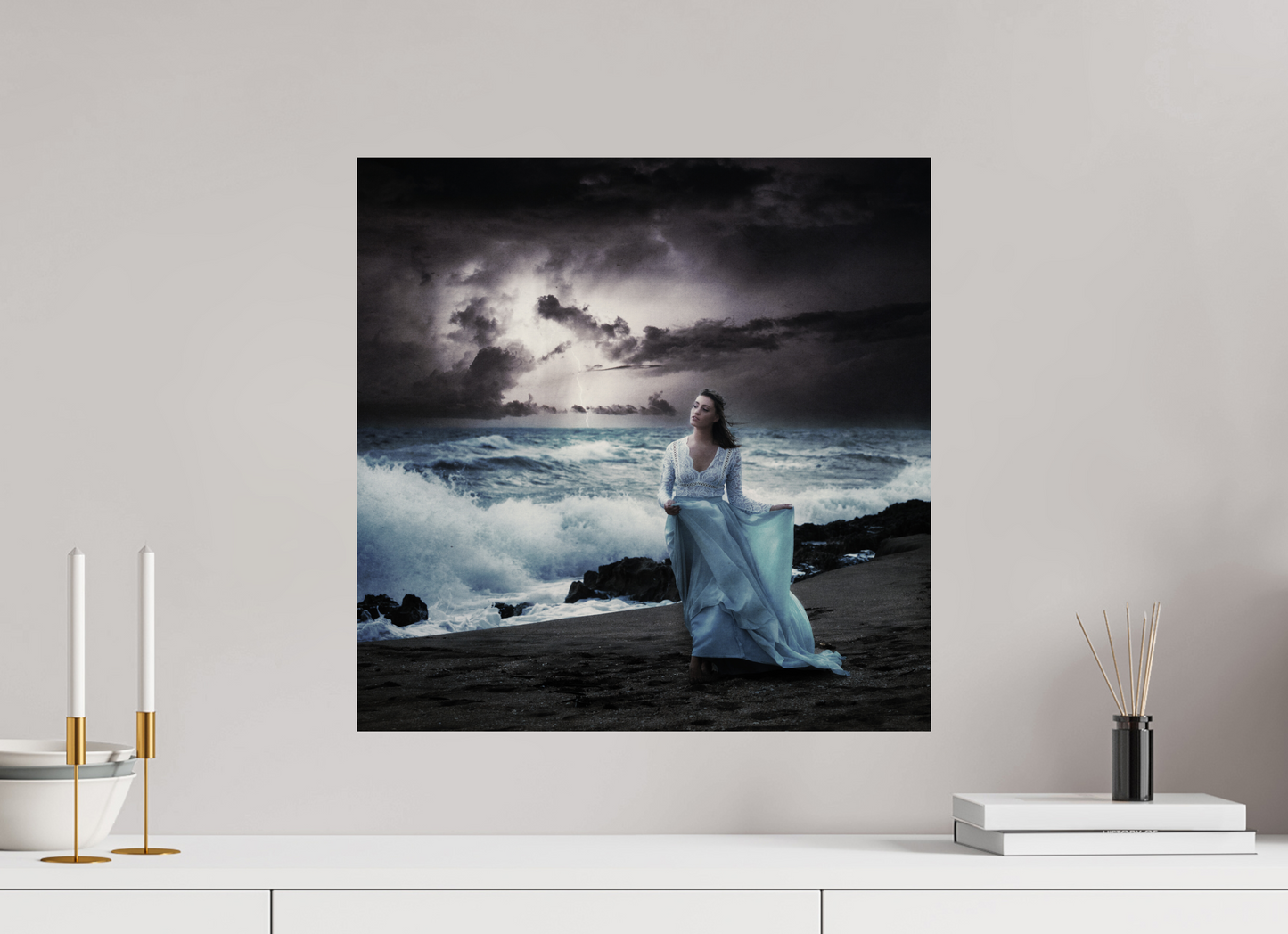 20 x 20″, -Photo Print on Fuji Crystal DP II Nightfall – Woman by the Sea in a Surreal Stormscape