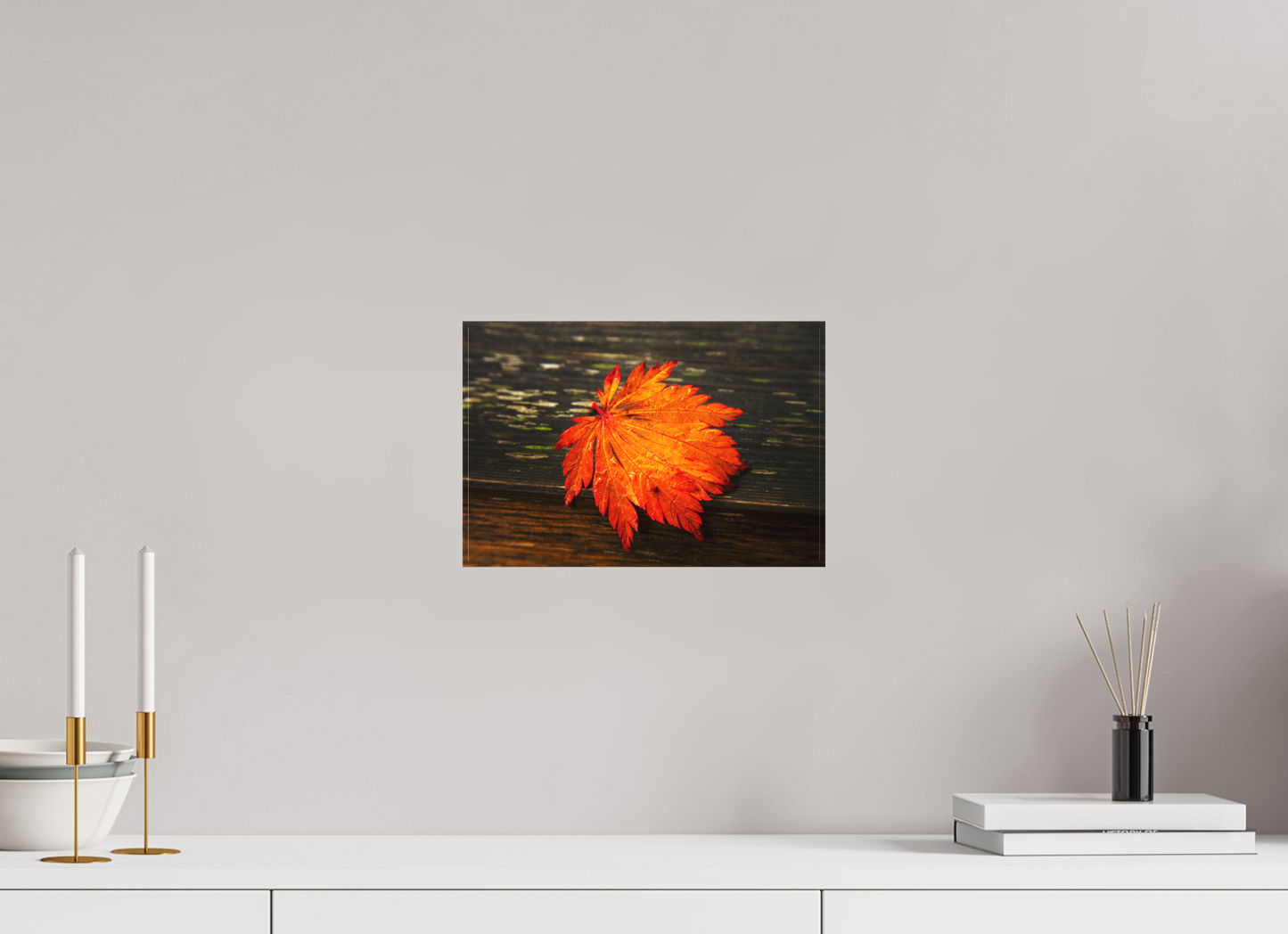 12 x 8″, -Textile Print on Stretcher Frame After the Rain | Leaf on Wood