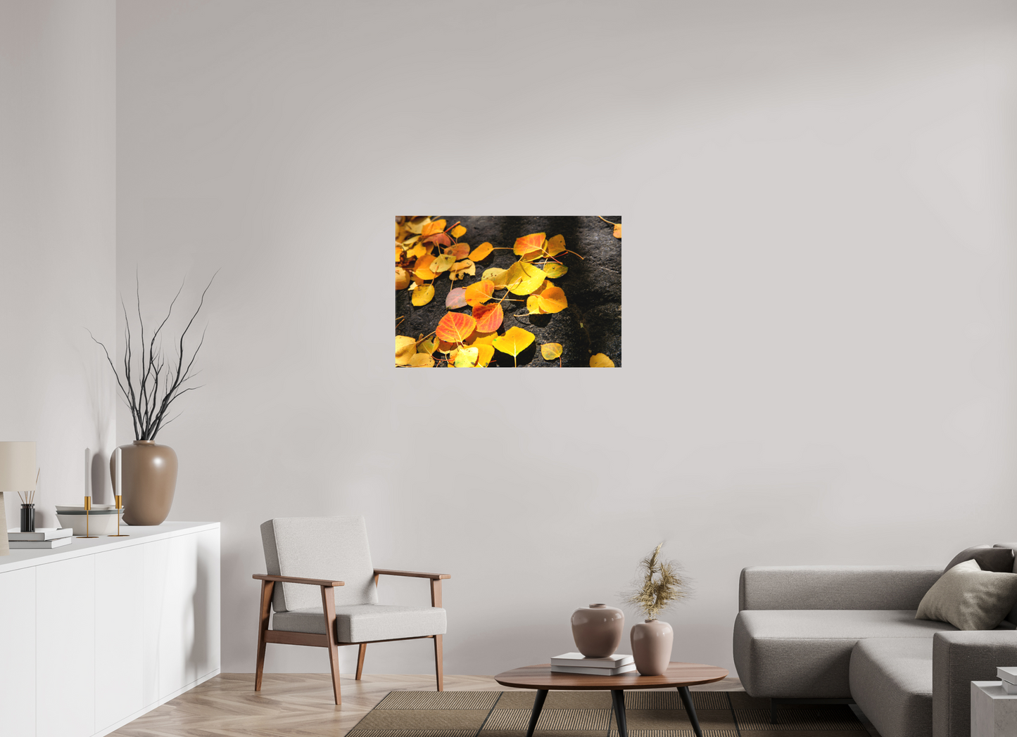 36 x 24″, -Textile Print on Stretcher Frame Autumn Aspen Leaves on Stone