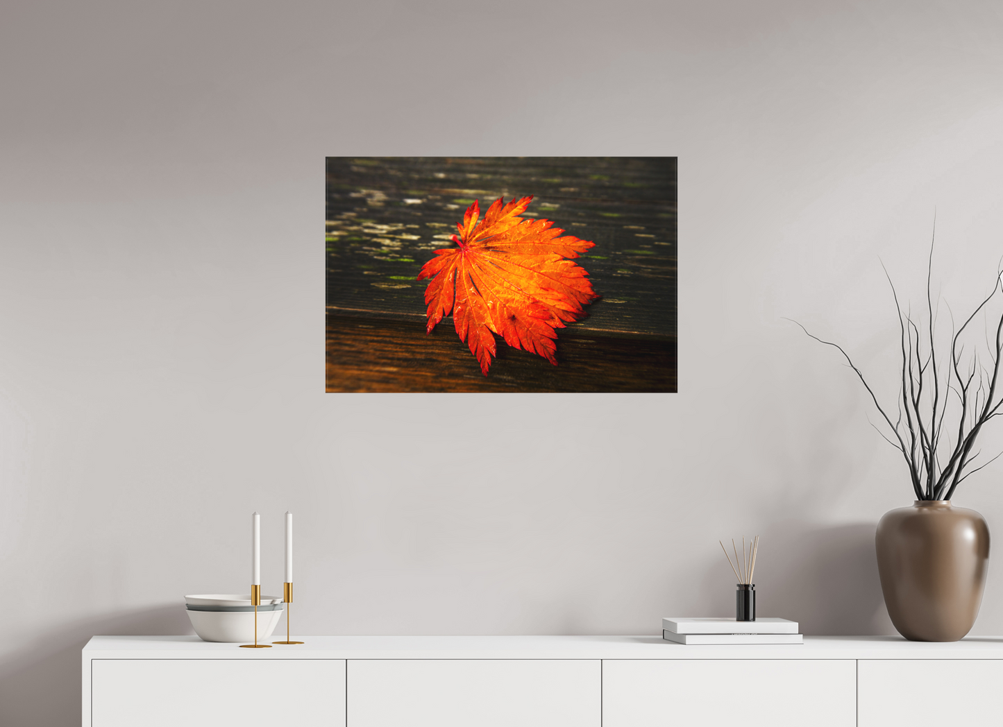 30 x 20″, -Textile Print on Stretcher Frame After the Rain | Leaf on Wood