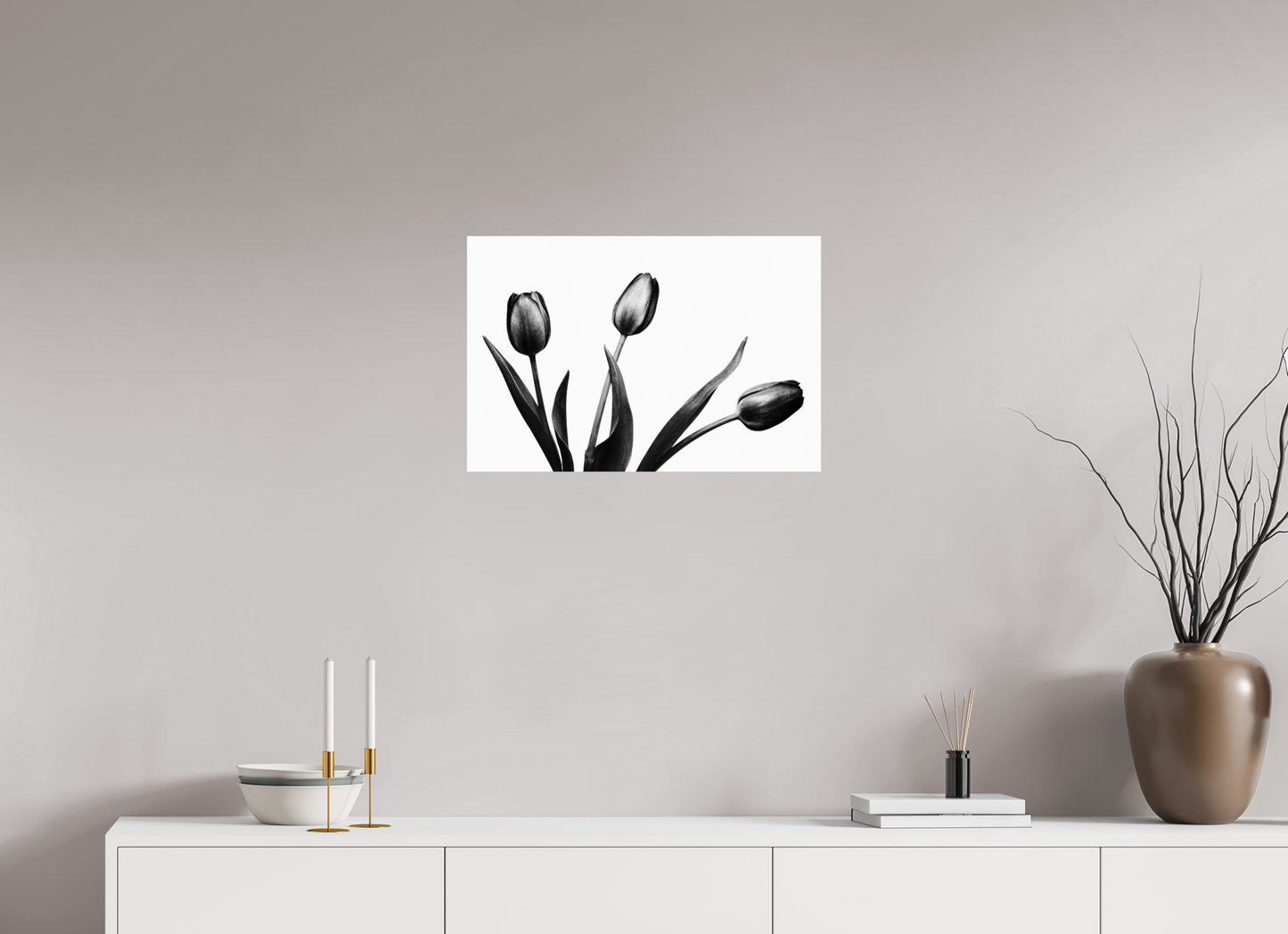 24 x 16″, -Photo Print on Fujiflex High Gloss Trio of Tulips Black and White Fine Art Photograph