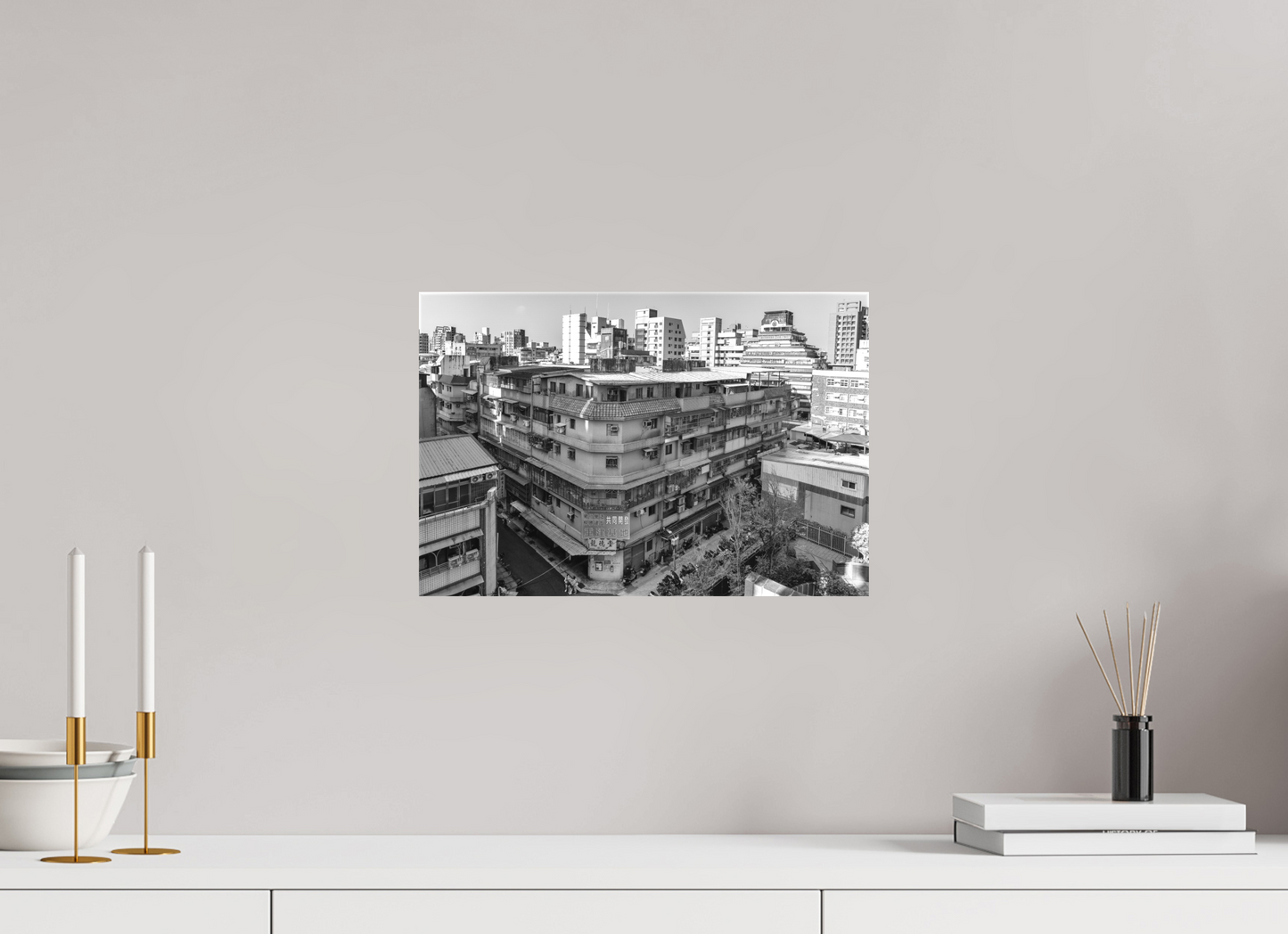 15 x 10″, -Textile Print on Stretcher Frame Neighborhood Black and White Fine Art Photograph Taipei Taiwan