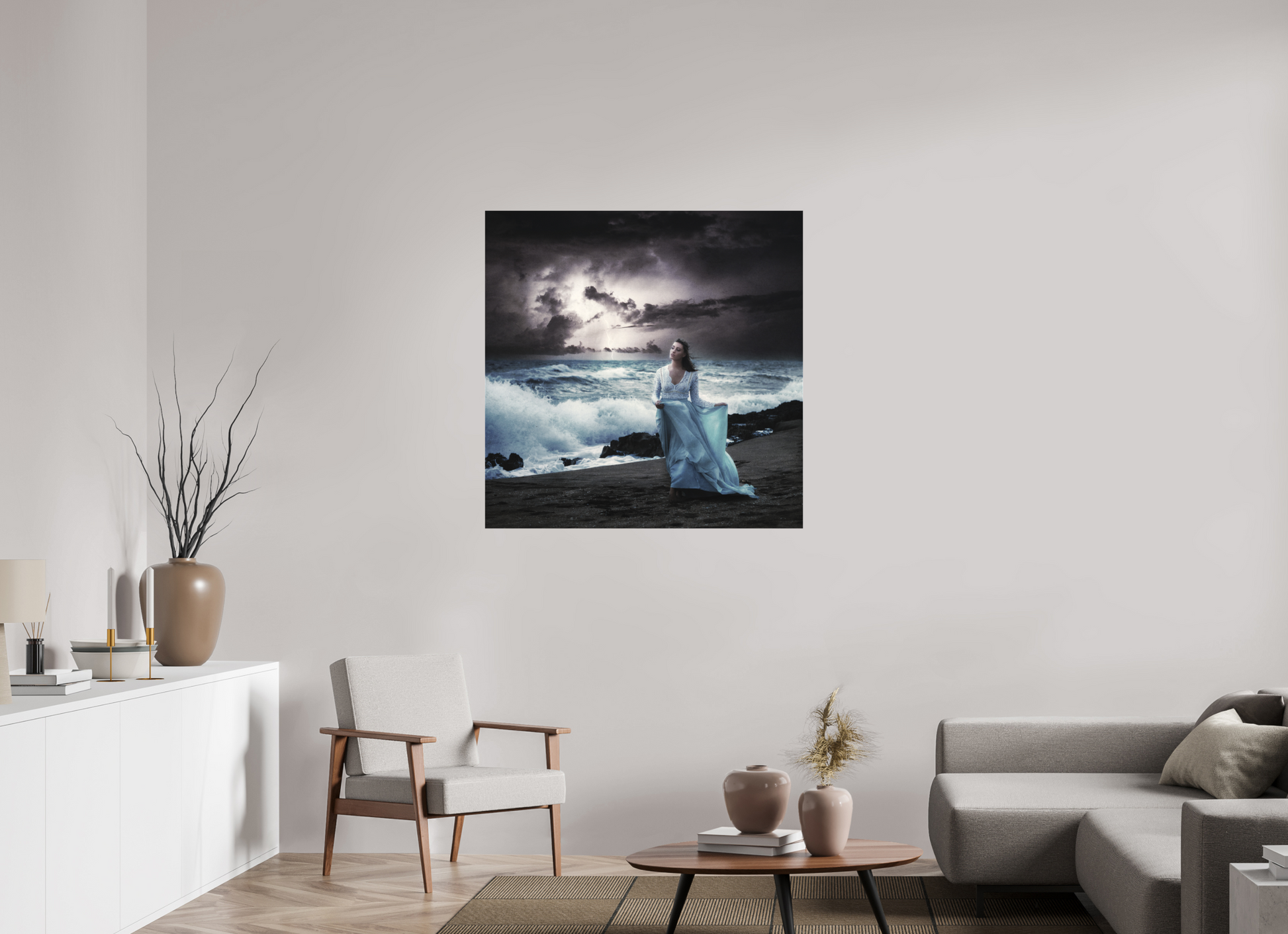 40 x 40″, -Textile Print on Stretcher Frame Nightfall – Woman by the Sea in a Surreal Stormscape