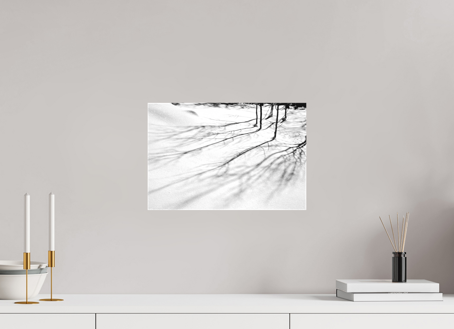 15 x 10″, -Matte Canvas on Stretcher Frame Aspen Shadows | Shadow Play on the Snow: A Winter Study in Black and White
