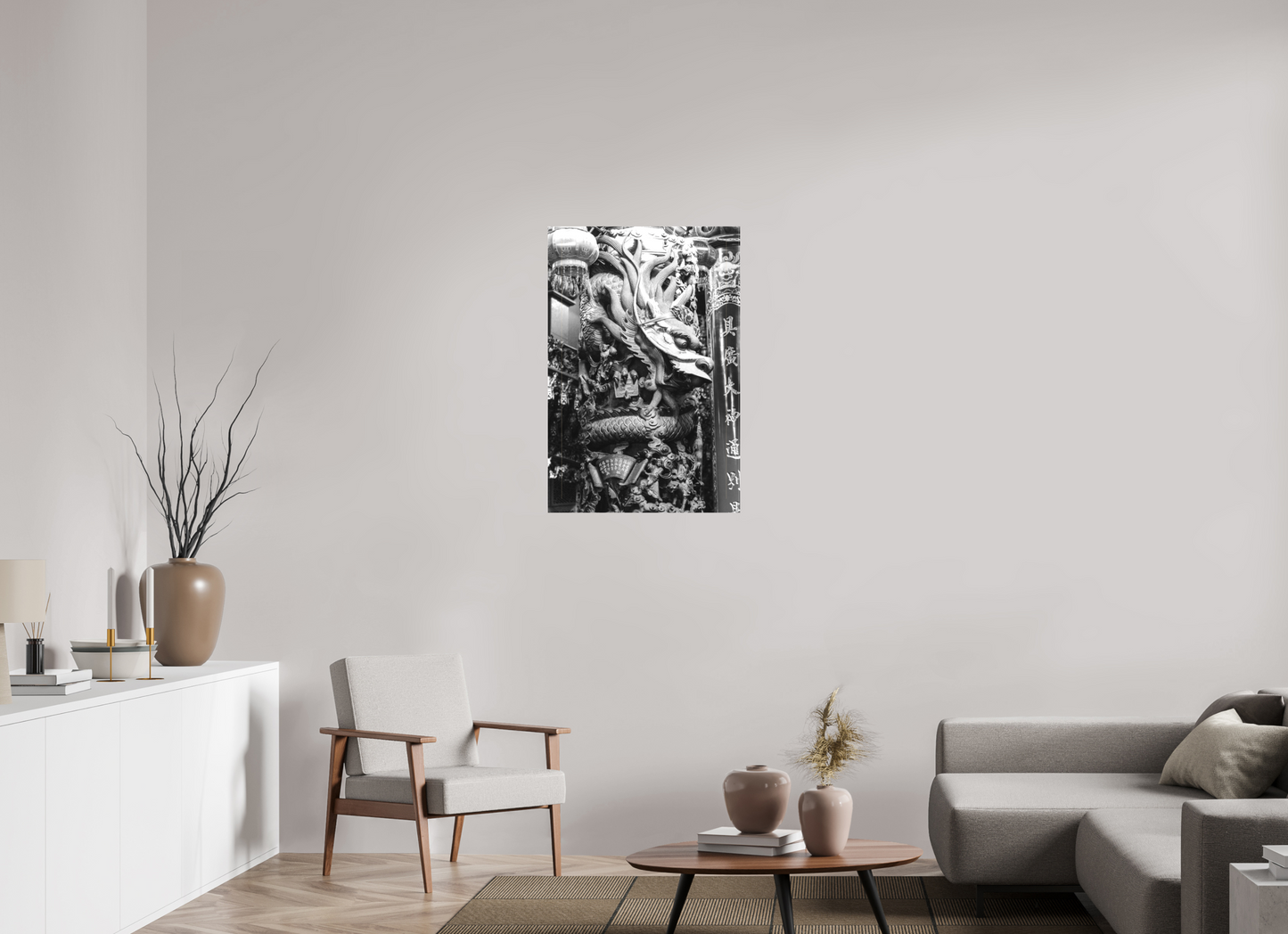 24 x 36″, -Matte Canvas on Stretcher Frame Temple Dragon Black and White Fine Art Photograph Hualien Taiwan