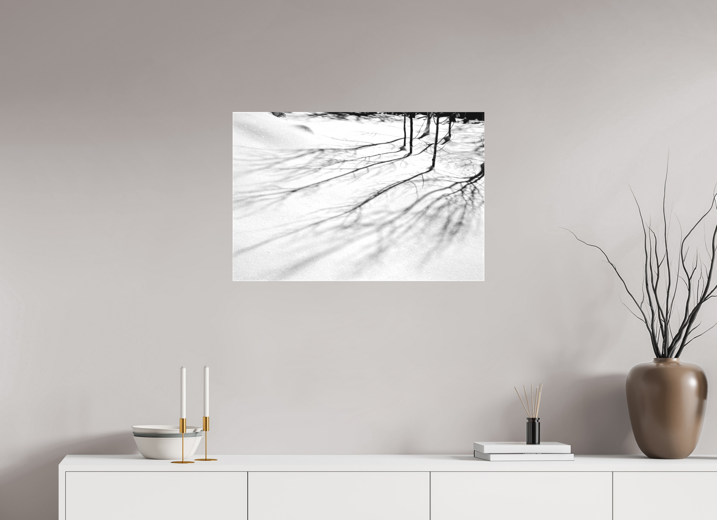 30 x 20″, -Matte Canvas on Stretcher Frame Aspen Shadows | Shadow Play on the Snow: A Winter Study in Black and White
