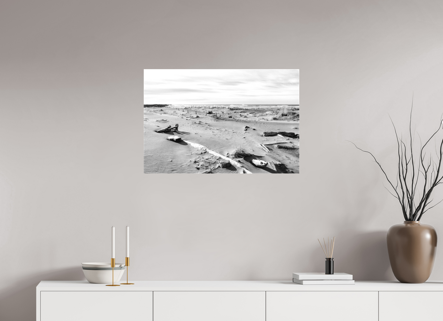 30 x 20″, -Textile Print on Stretcher Frame Edge of the Pacific Cape Disappointment in Black and White