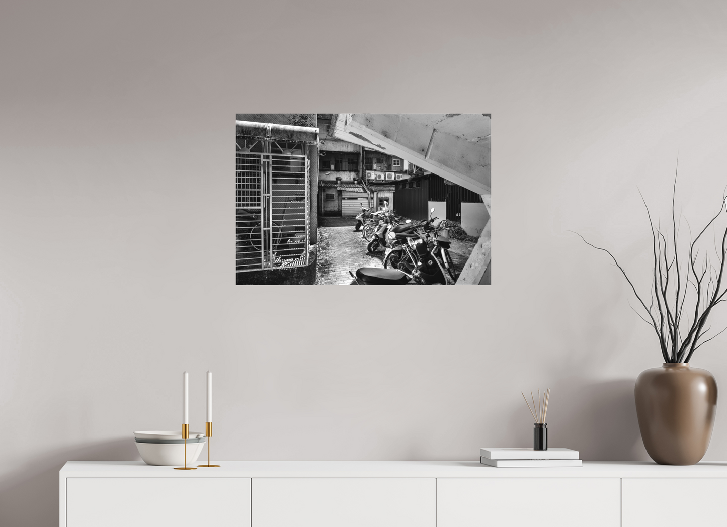 30 x 20″, -Textile Print on Stretcher Frame Yilan Neighborhood Black and White Fine Art Photograph Yilan Taiwan