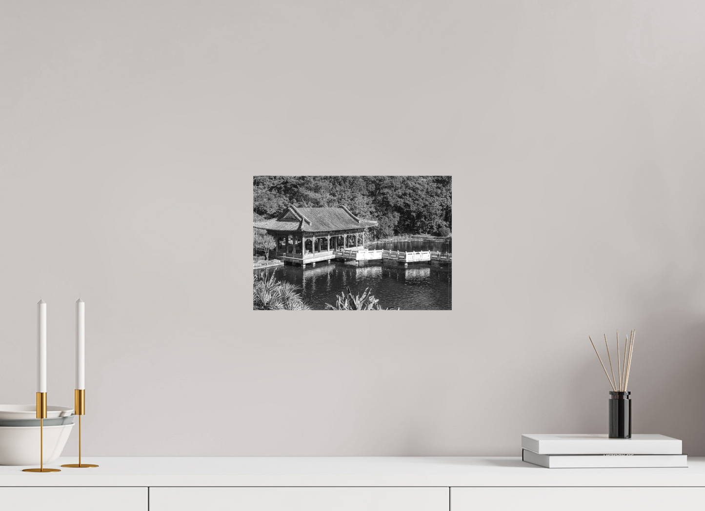 12 x 8″, -Textile Print on Stretcher Frame Zhishan Garden Black and White Fine Art Photograph Taipei Taiwan
