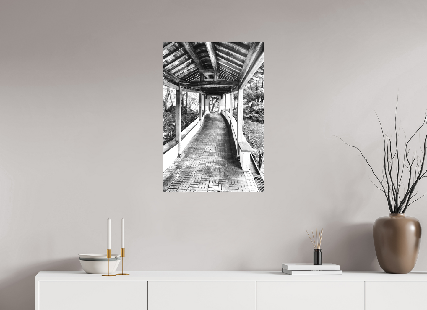20 x 30″, -Textile Print on Stretcher Frame Walkway Zhishan Garden National Palace Museum Black and White Fine Art Photograph Taipei Taiwan