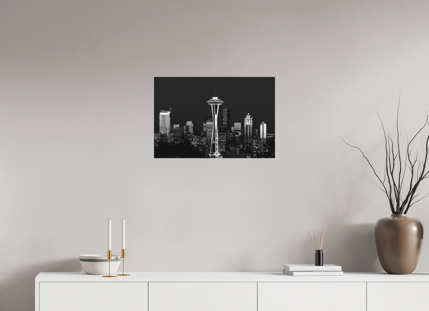 24 x 16″, -Matte Canvas on Stretcher Frame Midnight in Seattle – Black and White Fine Art Photograph of the Seattle Skyline at Night