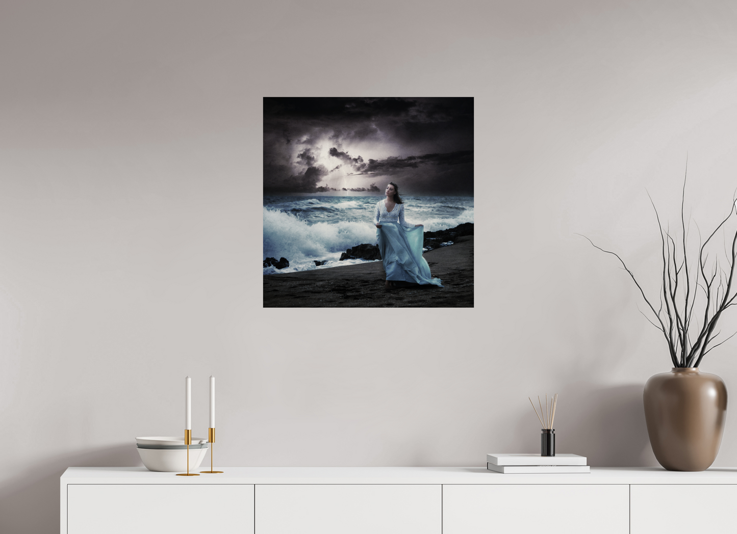 25 x 25″, -Photo Print on Fujiflex High Gloss Nightfall – Woman by the Sea in a Surreal Stormscape