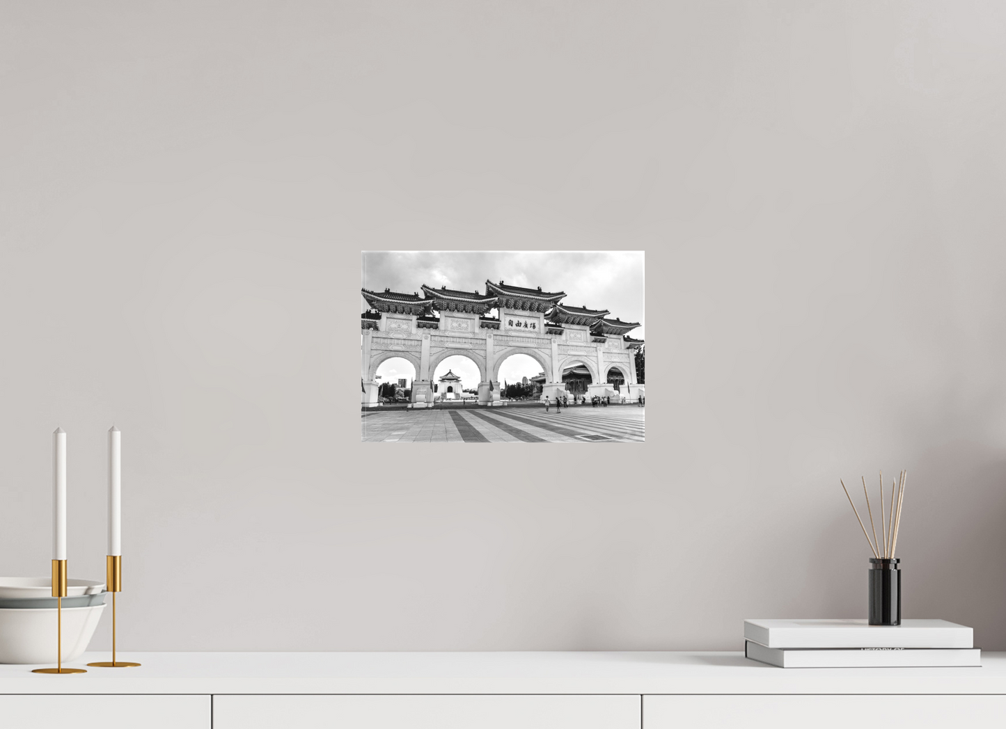 12 x 8″, -Textile Print on Stretcher Frame Liberty Square Archway Black and White Fine Art Photograph Taipei Taiwan