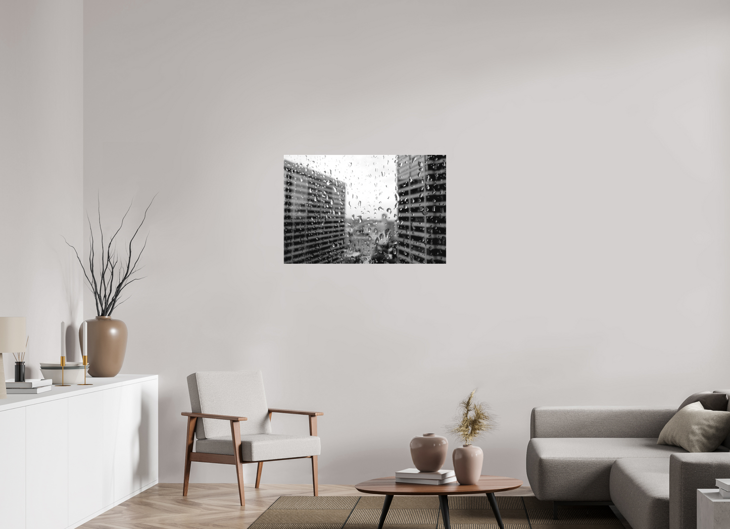 36 x 24″, -Textile Print on Stretcher Frame Rain on the 40th Floor – Seattle Black and White Fine Art Photography