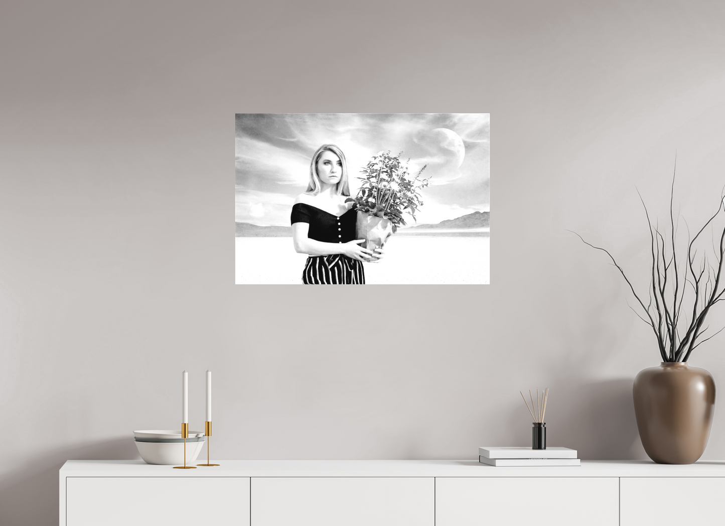 30 x 20″, -Textile Print on Stretcher Frame She Waits in Silence – Surreal Black & White Fine Art Photography Print