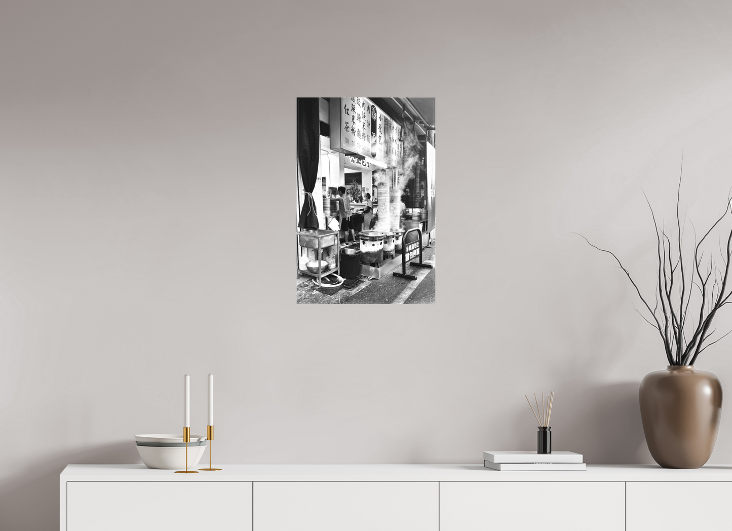 16 x 24″, -Matte Canvas on Stretcher Frame Dumpling Kitchen Black and White Fine Art Photograph Hualien Taiwan