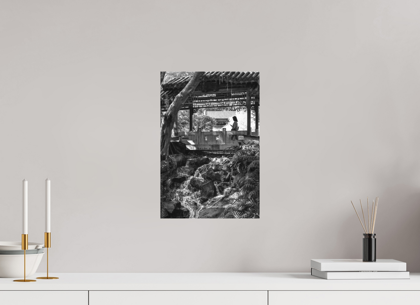 10 x 15″, -Textile Print on Stretcher Frame Afternoon in  Zhishan Gardens National Palace Museum Fine Art Black and White Photograph Taipei Taiwan