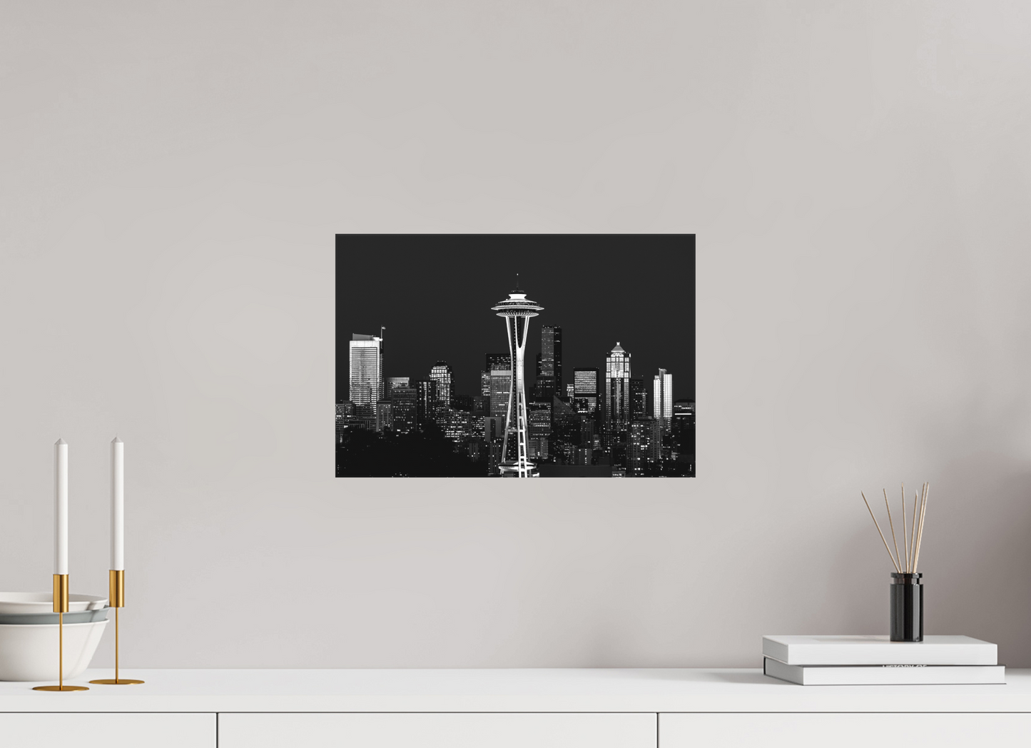 15 x 10″, -Matte Canvas on Stretcher Frame Midnight in Seattle – Black and White Fine Art Photograph of the Seattle Skyline at Night