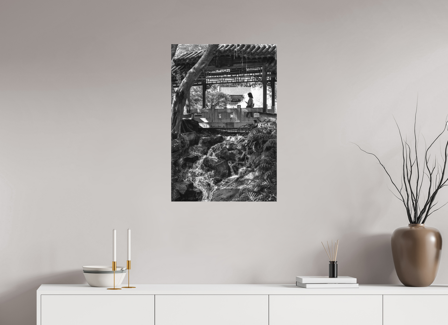 20 x 30″, -Textile Print on Stretcher Frame Afternoon in  Zhishan Gardens National Palace Museum Fine Art Black and White Photograph Taipei Taiwan