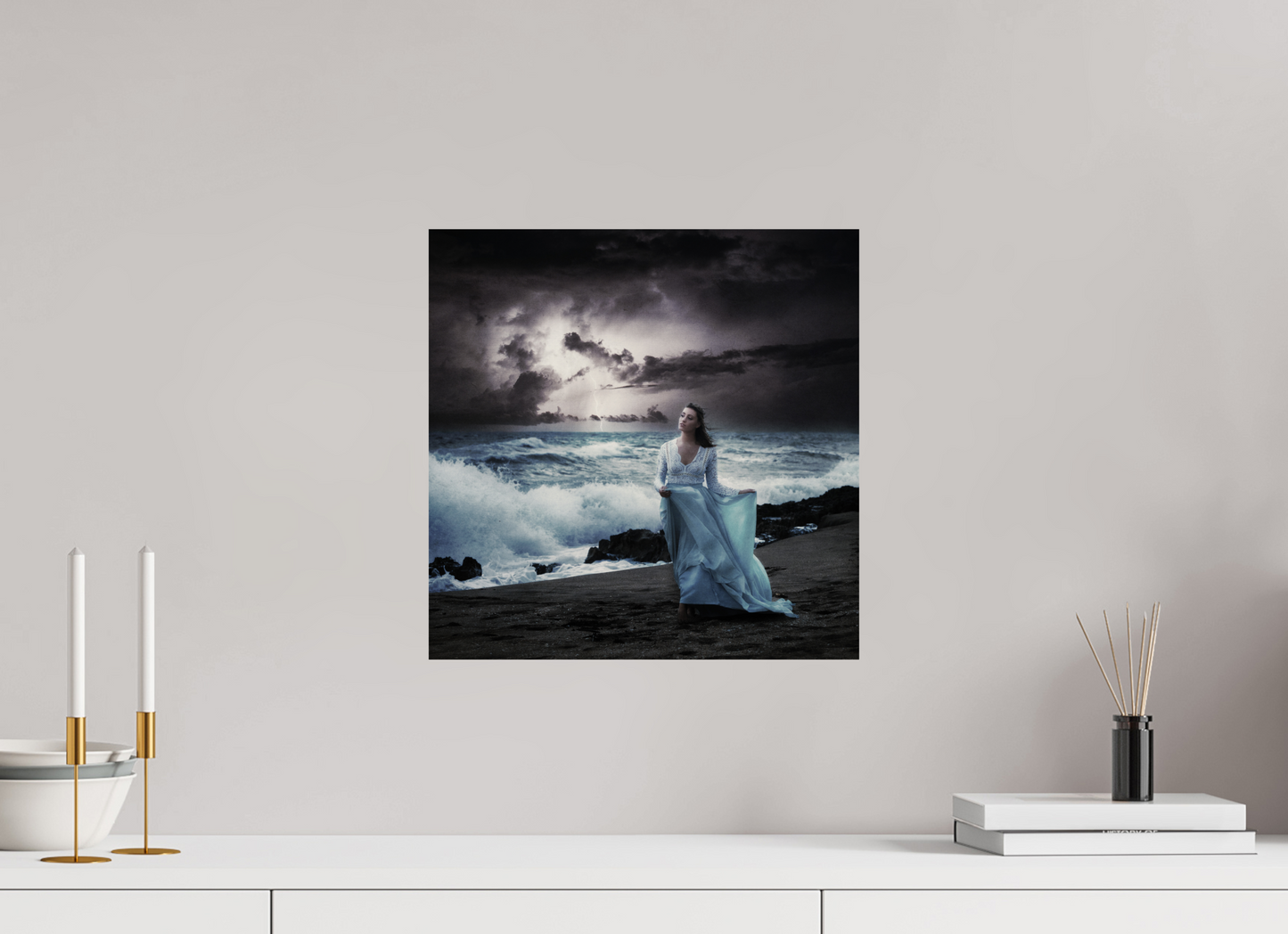 15 x 15″, -Photo Print on Fuji Crystal DP II Nightfall – Woman by the Sea in a Surreal Stormscape