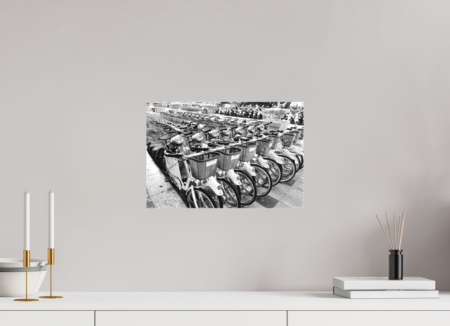 15 x 10″, -Textile Print on Stretcher Frame Easy Bikes Black and White Fine Art Photograph Taipei Taiwan