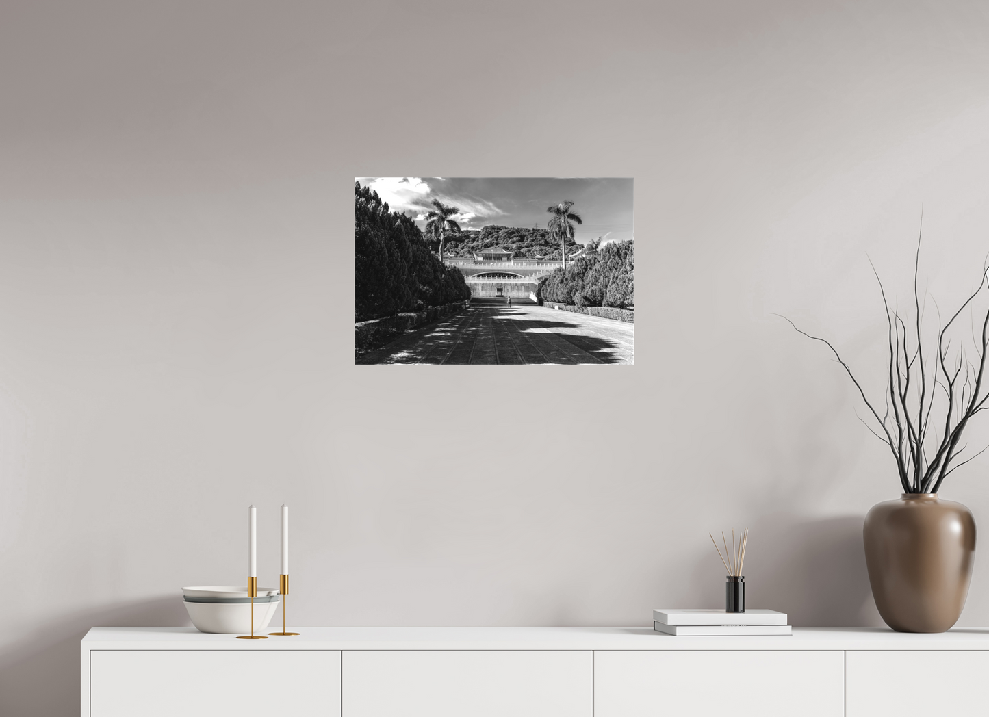 24 x 16″, -Textile Print on Stretcher Frame National Palace Museum Black and White Fine Art Photograph Taipei Taiwan