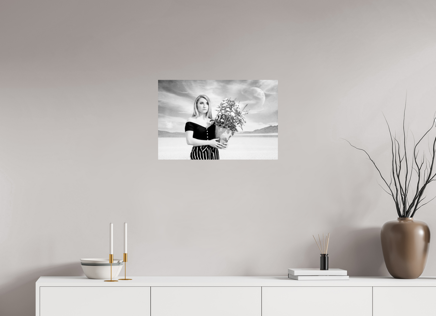 24 x 16″, -Giclée Fine Art Print She Waits in Silence – Surreal Black & White Fine Art Photography Print