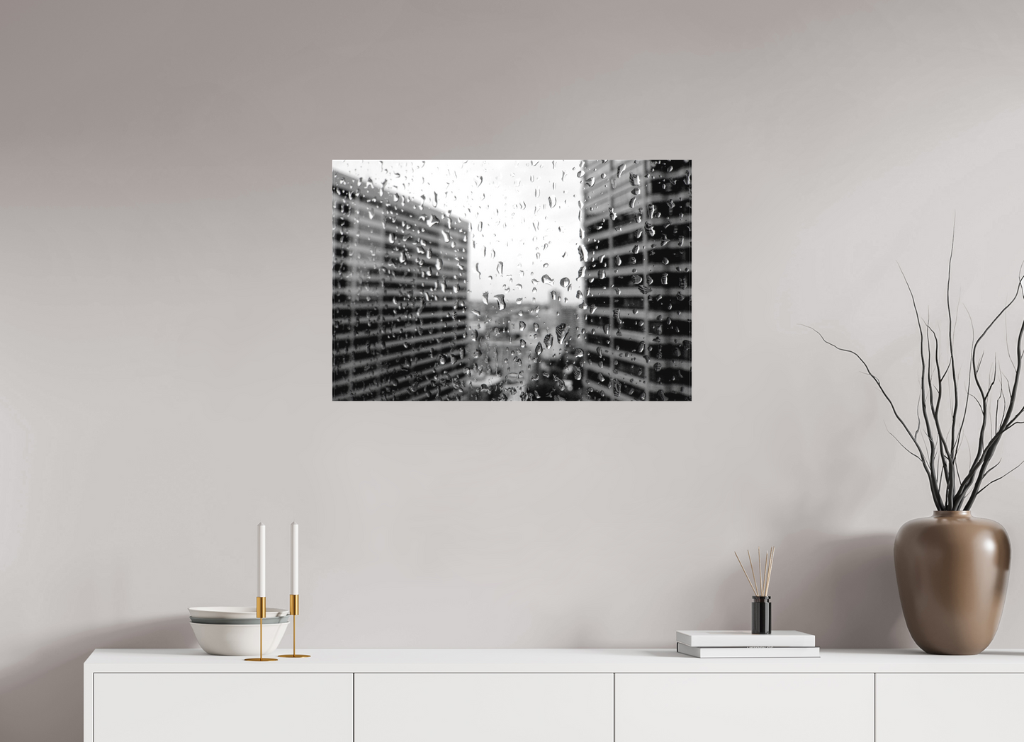30 x 20″, -Matte Canvas on Stretcher Frame Rain on the 40th Floor – Seattle Black and White Fine Art Photography