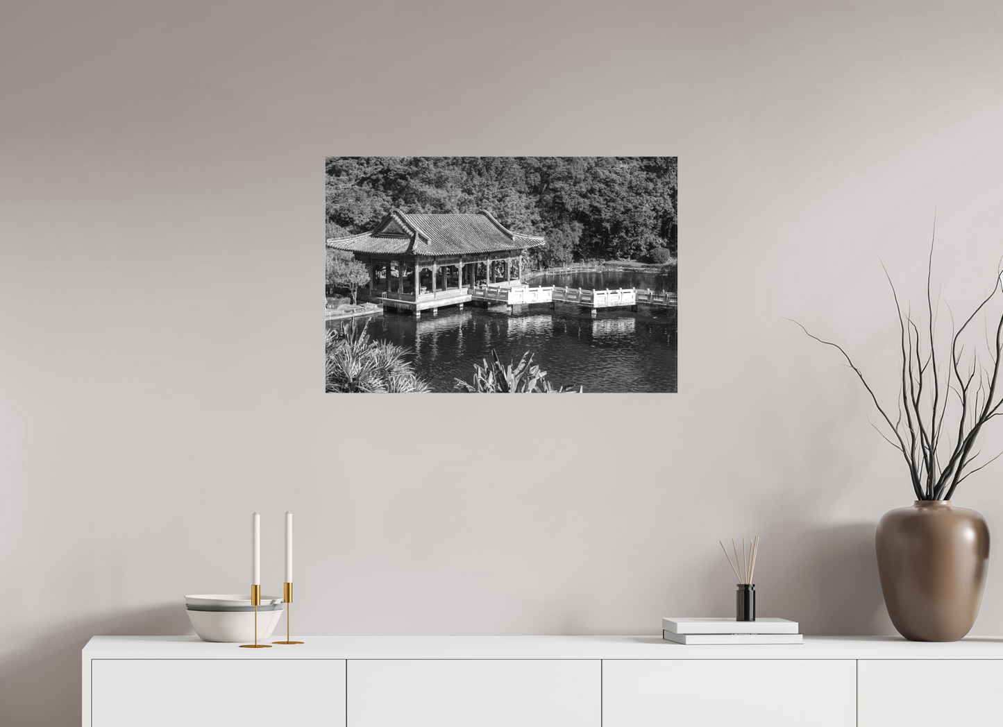 30 x 20″, -Textile Print on Stretcher Frame Zhishan Garden Black and White Fine Art Photograph Taipei Taiwan