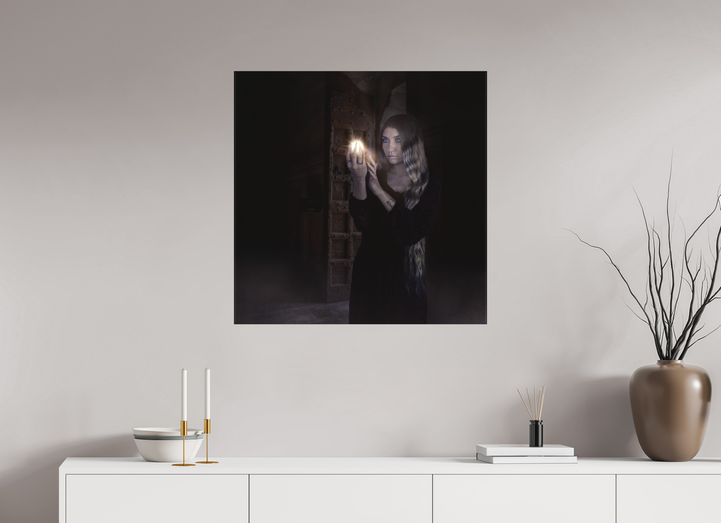 30 x 30″, -Textile Print on Stretcher Frame Divination | Light in Darkness