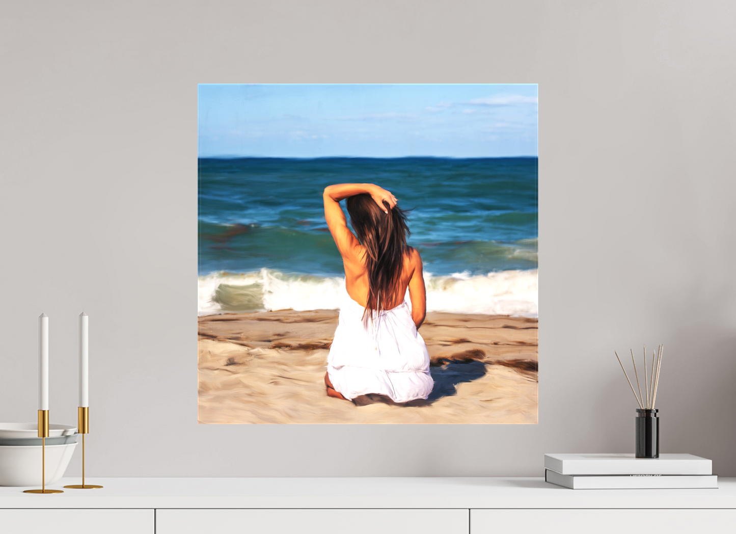 20 x 20″, -Textile Print on Stretcher Frame Last Day at the Beach