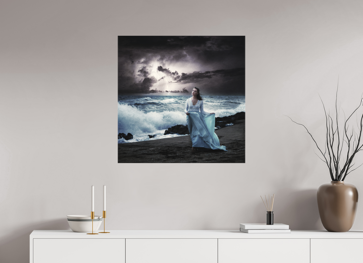 30 x 30″, -Matte Canvas on Stretcher Frame Nightfall – Woman by the Sea in a Surreal Stormscape