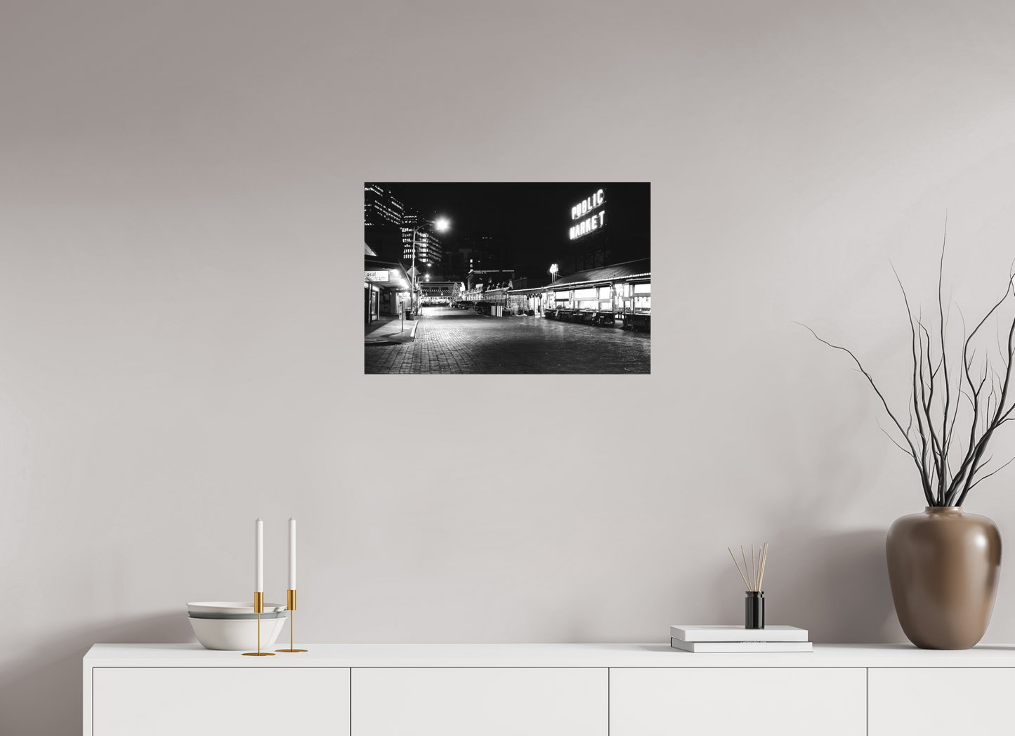 24 x 16″, -Textile Print on Stretcher Frame Seattle Market by Night