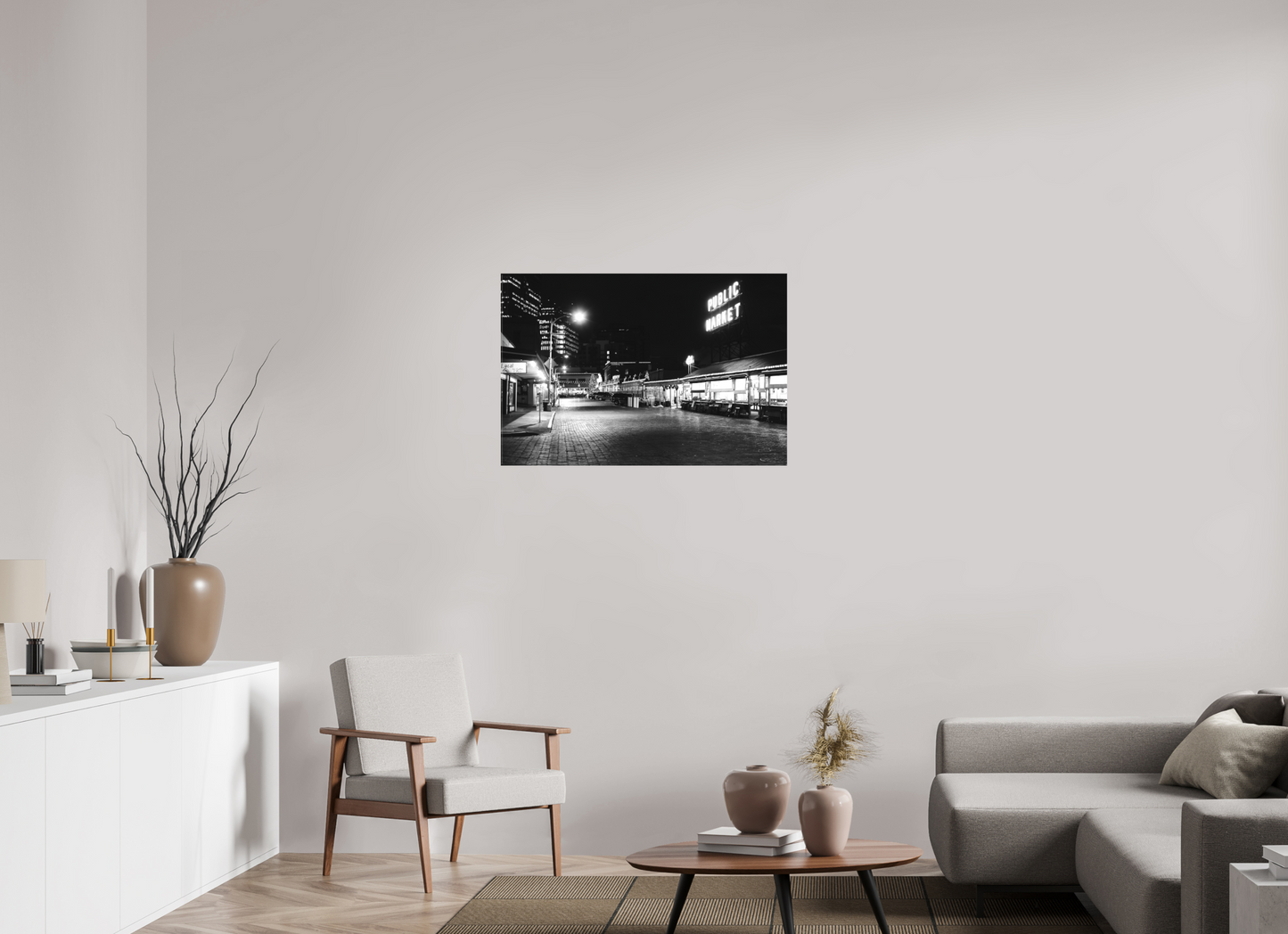 36 x 24″, -Textile Print on Stretcher Frame Seattle Market by Night