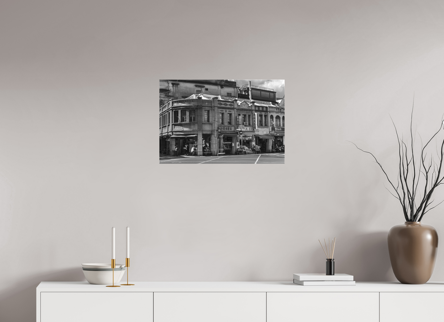 24 x 16″, -Textile Print on Stretcher Frame Dihua Old Street Black and White Fine Art Photograph Taipei Taiwan