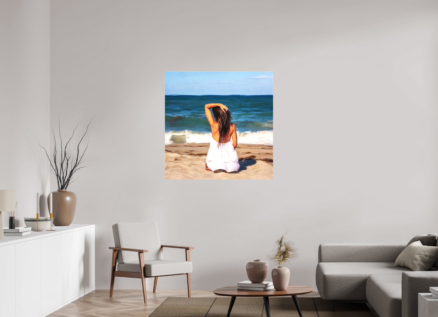 40 x 40″, -Textile Print on Stretcher Frame Last Day at the Beach